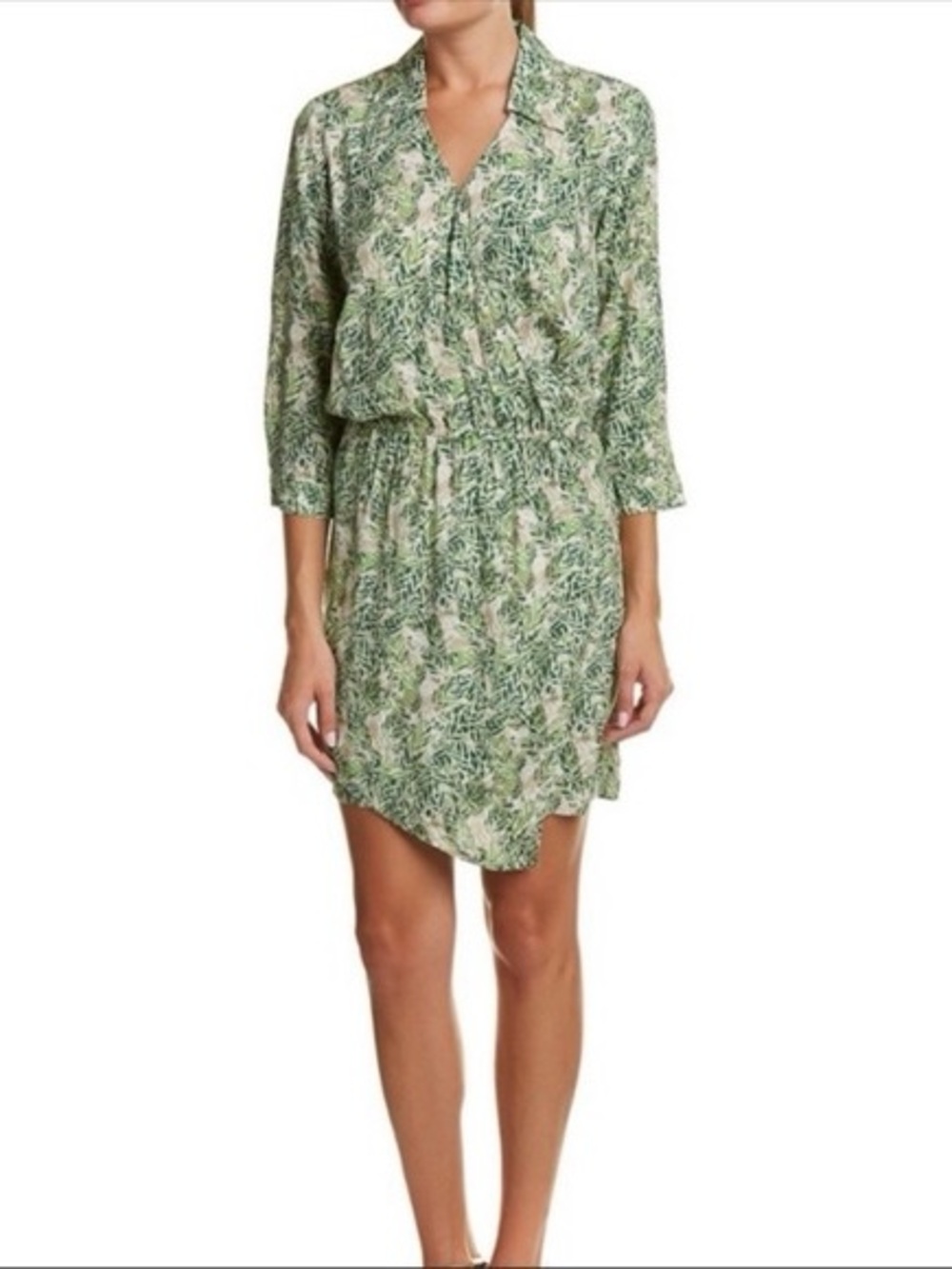 CAbi Tropical Palm Print Wrap Dress Green Medium